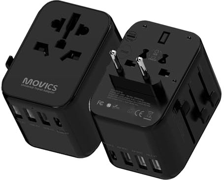 Movics Universal Travel Adapter Worldwide with 3 USB A and 1 USB C Ports, Travel Plug Adapter Worldwide for EU, UK, USA, AU & 150+ Countries, Travel Adaptor with Dual 10A Fuses & Carry Pouch (Pack 1)
