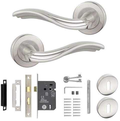 Decoranddecor Solace Chrome Internal Door Handles – Aluminium Brushed Nickel Handle Sets with Lock and Keys – Sleek and Durable Design for Wooden Interior Doors in Homes and Offices