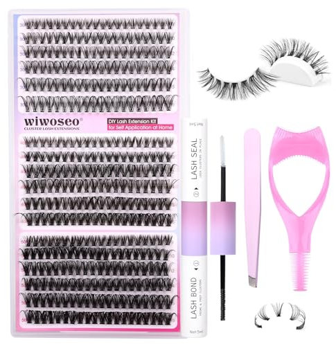 wiwoseo Russian Cluster Lashes DIY Lash Extension Kit with Bond and Seal Lash Glue and Mascara Sheild, 360pcs Individual Eyelashes Cluster Natural Look D Curl Lash Extension Kit(30p+40p+50p, 9-16MM)