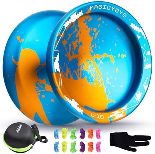 SHUNGRU JoJo V10 Blau Golden, Profi Unresponsive Jo-Jo für Kinder/Erwachsene, Trick JoJo mit Finger Spin Hub, Metall JoJo Legierung Aluminium Jo Jo Ball mit 12 JoJo-Saiten, JoJo Koffer und Handschuh