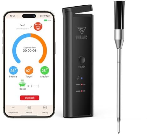 DOQAUS Fleischthermometer Kabellos 158m Bluetooth Grillthermometer 1S-Antwort Meat Thermometer IPX7 Wasserfest Bratenthermometer für Grill Backofen Smoker Rotisserie Airfryer Sicher im Geschirrspüler