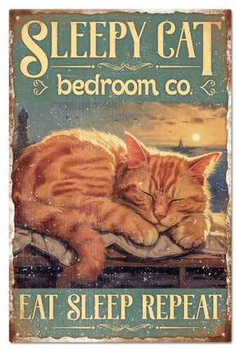 GLOBLELAND „Schlafende Katze“ Metall Blechschild 8×12 Zoll Retro Metallplakat Orange Katze Kunst Blechschild Lustige Metallplakette für Katzenzimmer Wohnzimmer Cafés Tierhandlungen Home Offices