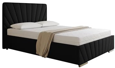 PANDA MÖBEL Polsterbett 140x200 cm - RAY Kollektion - Modern Doppelbett mit hochwertiger Taschenfederkernmatratze Pocket mit Kokosmatte - Polsterbett mit Bettkasten für Schlafzimmer - Schwarz