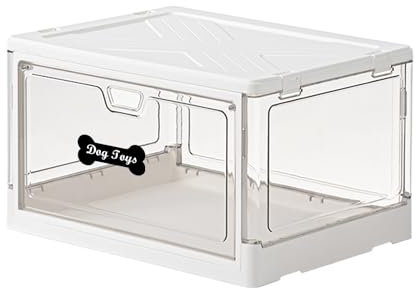 CTomche Foldable Dog Toy Box, Plastic Storage Organiser Bin, Stackable with Magnetic Front Door and Handle, Waterproof, Chew-Resistant, Cat and Puppy Toy Box