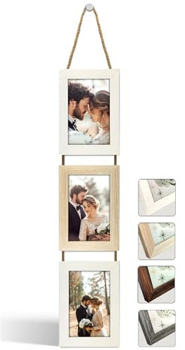 NEOWS Cadre Photo Multiple avec Corde pour Suspendre au Mur - Lot de Cadres Décoratifs pour Accrochage Mural Vertical - Porte Portrait Pele Mele - Photos 10x15 (Blanc et Chêne, 3 Photos Vertical)