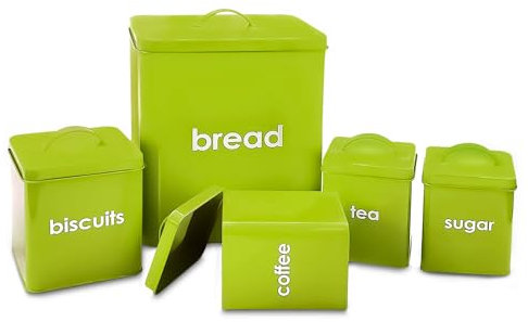 Crystals Bread Bin – 5 Piece Bread Bin Lime Tea Coffee and Sugar Canisters Set – Kitchen Bread Box with Biscuit Tea Sugar and Coffee Containers set – Retro Bread Bin Storage jars & Canisters