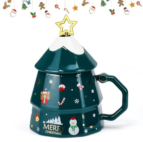 DTYGUIXE Tasse à Café de Noël en Céramique Tasse à Café en Forme de Sapin de Noël 350ML Tasse à Café de Noël en Céramique avec Couvercle et Cuillère Tasse Kawaii a Cafe Tasses pour Cadeau de Noël