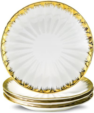 LETAOTAO Ceramic Dinner Plates, Set of 4, 10in Round, White and Gold Floral, Formal, Large (10 inches), Dishwasher Safe