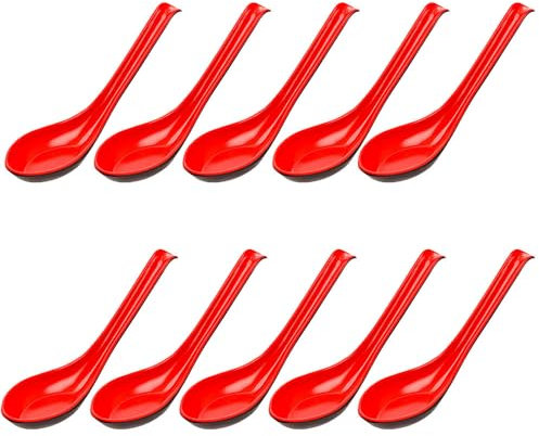 Rice Spoons Ladle for Ramen Noodle Soup - Asian Style Soup Serving Spoons (10, Red/Black)