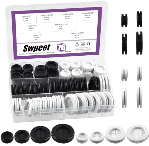 Swpeet 76Pcs Double Sided Rubber Grommet Kit - 4 Sizes 5/8 13/16 1 1-3/16 Black/White Round Plug Hole Grommets, Firewall Solid Closed Hole Plug Gasket for Auto Car Wire Cable