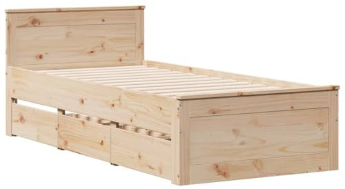 vidaXL Massivholzbett, Holzbett ohne Matratze mit Kopfteil, Einzelbett Bett mit Schubladen, Bettgestell mit Lattenrost für Schlafzimmer, 90x190cm Kiefer