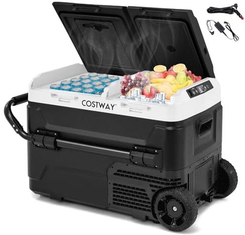 COSTWAY 40L Car Fridge Freezer, Dual Zone Portable Compressor Car Refrigerator with Dual-temperature Design, 12V/24V DC & 100-240V AC, -20℃~20℃ Electric Cooler for Vehicles Camping Travel RV