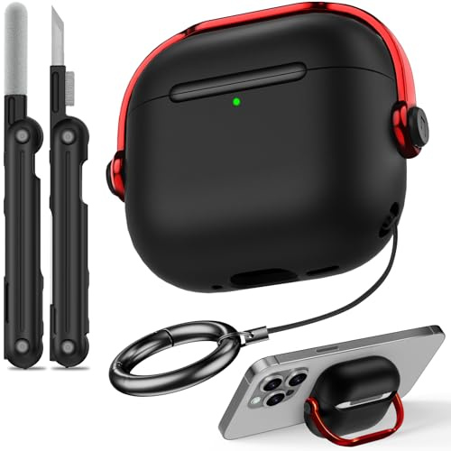 Damen-Schutzhülle für Airpods 4, Schwarz / Rot | Mit Sicherheitsschloss, Handyhalterfunktion, TPU-Material, mit tragbarem Haken, multifunktionales Reinigungswerkzeug
