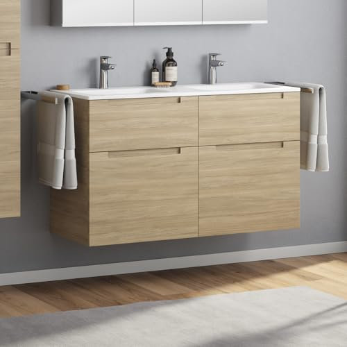 Zentrobad Premium Doppel-Waschbecken mit Unterschrank 120 cm Waschtisch Badmöbel Badezimmer Schrank Badschrank mit 4 Schubladen (Eiche Natur)