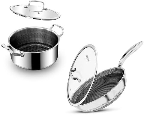 INTIGNIS® Stainless Steel Cookware Sets – Non-Stick, GREBLON® Ceramic, Compatible with All Stoves (Including Induction), Dishwasher Safe, Removable Stay-Cool Handle (Fry Pan 30cm + Saucepan 24cm)
