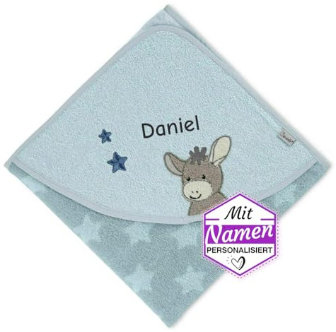 Sterntaler Kapuzenhandtuch mit Namen Bestickt für Baby & Kinder, Junge Badetuch Badehandtuch/Kinder-Badetuch mit Kapuze personalisiert, Modell Esel Emmi Sterne in Blau, 100x100 cm