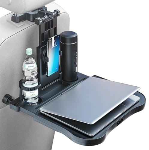 Reisetisch Auto für Rücksitz Beifahrer, Multifunktionaler Kopfstütze Tisch mit Getränkehalter und Handyhalter, Klappbar und Einstellbar, Belastbarkeit 15-20 kg, Auto Organizer für Kinder Erwachsene