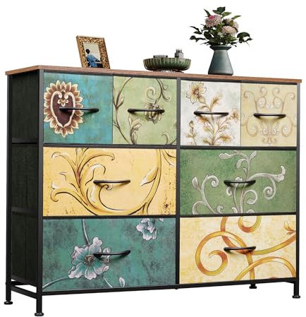 WLIVE Chest of Drawers Bedroom, 8 Fabric Drawers Storage Organizer Unit for Living Room, Hallway, Kids Room, Dresser with Easy Pull Handle, Steel Frame, Wood Top, Retro Prints