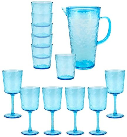 BAYSIDE Lulworth Acrylic Water Jug 1.9L Including Set of 6 Wine Glass, Set of 6 Tumblers 360ml Shatterproof Liquid Beverage Durable Pitcher Jug with Handle, Bundle Set