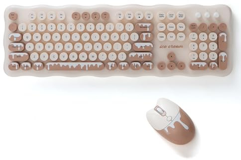 Ensemble clavier et souris sans fil pleine taille 2,4 G, clavier rond de style machine à écrire, couleurs bonbon, compatible avec ordinateur portable, PC (crème glacée)