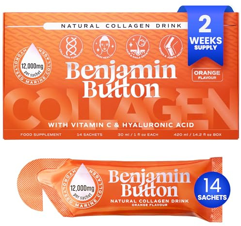 Benjamin Button Marine Collagen Liquid Sachet w/Hyaluronic Acid & Vitamin C | for Hair, Skin, Nails & Joints | 12,000mg High Strength Hydrolysed Collagen (Orange, 14x Sachets)