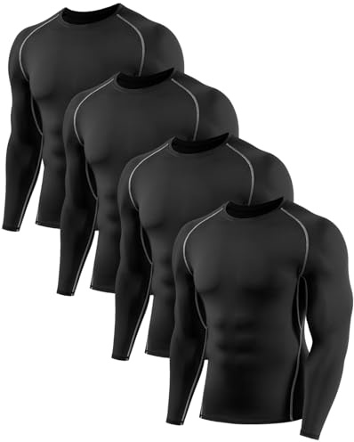 Orrfreer 4 Pack Men's Long Sleeve Compression Base Layer Top Quick Dry Long Sleeve Running Top Mens Tight Baselayer Tee Shirts All Season for Running Training 4 Black L