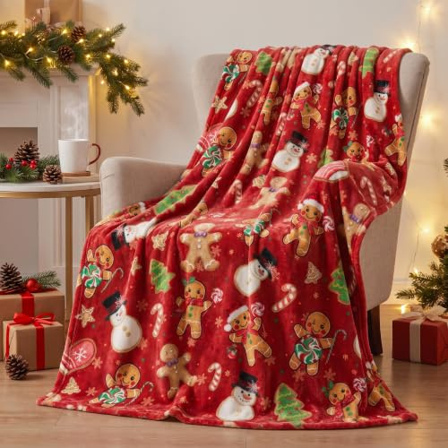 Horaldaily Flanell-Decke, Überwurf, roter Lebkuchenmann, Weihnachtsbär, weich, flauschig, gemütlich, Fleece-Decken für Couch, Sofa, Bett, zum Entspannen, ideales Geschenk für Kinder, Erwachsene