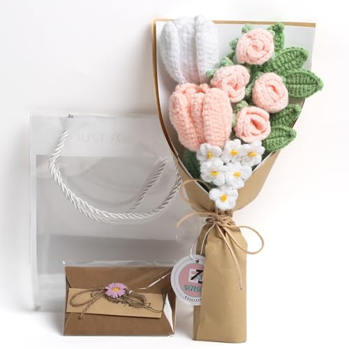 EZsenses Crochet Flower Bouquet – Crochet Tulip Gifts Artificial Flowers for Her Mother's Day Lover Valentines Day, Anniversary Birthday Graduation Gifts with Bag & Greeting Card