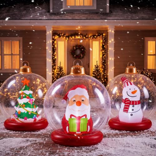 Jetec Große aufblasbare Weihnachtskugeln mit Sockel, 61 cm, Schneemann, Weihnachtsbaum, Weihnachtsmann, aufblasbare Outdoor-Dekorationen, Bälle für Hof, Pool, Garten, Rasen, Veranda, rund, 3 Stück