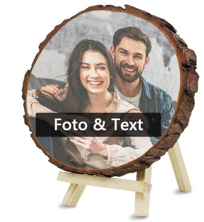 Personalisierte Baumscheibe mit Foto & Text Gravur, Selbst gestalten Holzscheibe Wand- & Tischbilderrahmen Holzplatte Schild aus Holz, Fotogeschenke zum Geburtstag Jahrestag Weihnachten (24 cm)