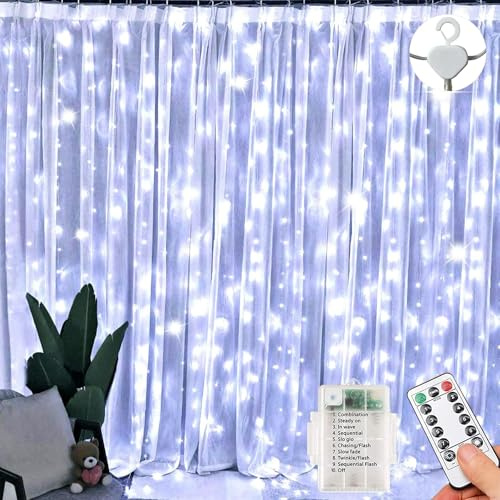 Lezonic Curtain Fairy Lights,300LED 3mx3m Curtain Lights Indoor,8 Modes Battery Operated Fairy Lights with Remote Control, Battery String Lights for Bedroom Party Wedding Christmas Decor(Cold White)
