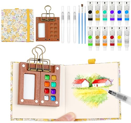 AOOTE Mini Malkasten Aquarell Set, 12 Farben Reise Mini Aquarell Set,6 teiliges Pocket Aquarellfarben Sets mit 8 Fächern,Holzpalette, Metallclip, Farbe, Aquarellstift, Skizzenbuch und Pinsel (Gelb)