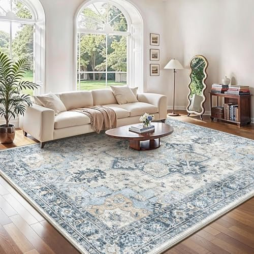 GENIMO Alfombra Salon Vintage Alfombras de Área Lavables en Máquina, Alfombras con Base Antideslizante, Alfombra de Dormitorio de Pelo Corto para Cocina, Comedor, Azul, 240X300CM