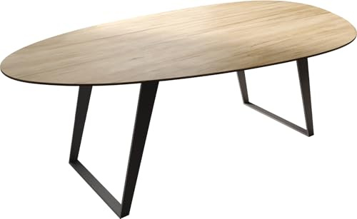 DELIFE Esszimmertisch Edge Oval 220x120 cm Keramik Laminam® Sabbia Eichefarbig Metall Schräg Schwarz
