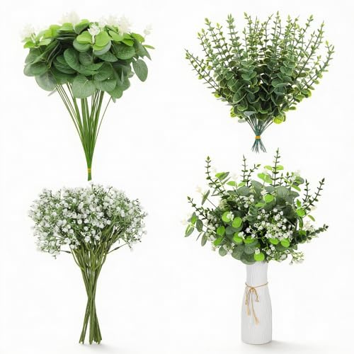 Huiguli 100 Stück Künstliches Schleierkraut, Kunstblumenstrauß | Eukalyptus Künstlich Deko aus Kunstblumen und Grünen Blättern, für DIY Blumenstrauß, Hochzeit, Party, Tischdeko und Home Deko