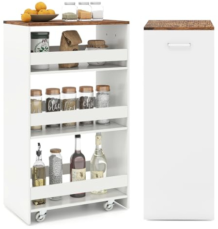 COSTWAY Nischenwagen 30cm breit, 4 Etagen, Weiß, 47,5 x 30 x 80,5 cm | Küchenwagen schmal, Nischenregal auf Rollen, Servierwagen mit Griff & Geländern, Badregal Holz, für Küche, Badezimmer