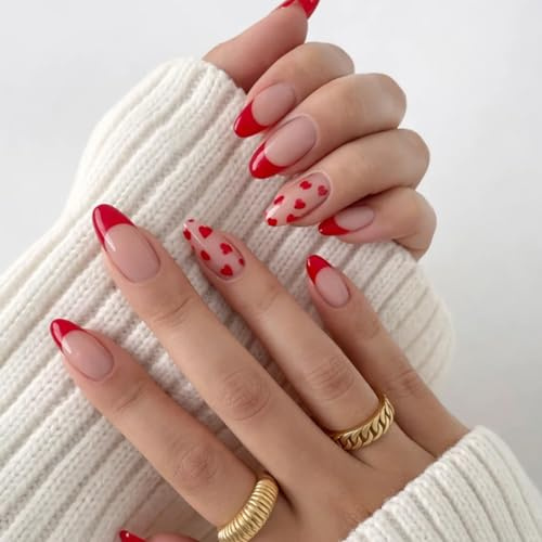 24-Piece Extra Short Press-On Nails, Cherry Red Heart French Tips | Glossy nude base, heart accents, extra short artificial nails, for everyday wear, parties and special occasions