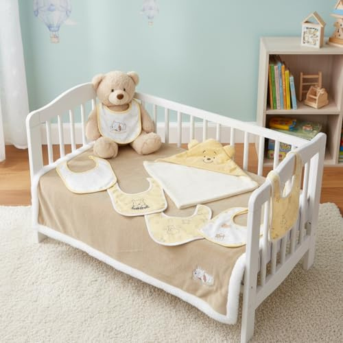 DISNEY - Winnie Puuh Baby-Pack – Kapuzenbadetuch 70 x 70 cm + Decke 75 x 100 cm + 5 Lätzchen – Disney Winnie Puuh