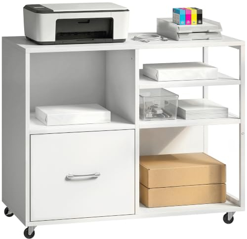 HOMCOM Mueble para Impresora con Ruedas, Mesa para Impresora Blanco | Estantes Abiertos, Cajón para Documentos Tamaño A4 y Carta, Archivador Móvil para Oficina en Casa