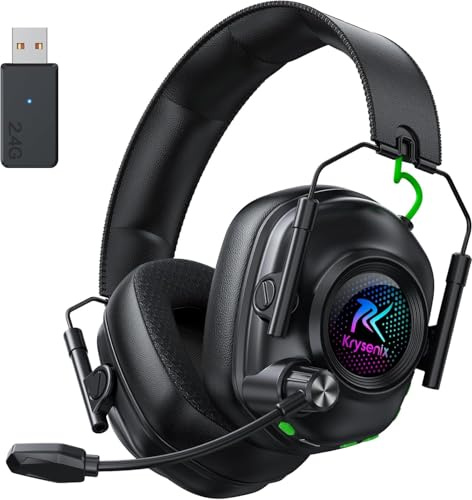 Krysenix KGH2 Gaming Headset Wireless für PS5, PS4, PC, Mac, Switch, 2.4GHz Gaming Headset mit Mikrofon, Noise Cancelling Kabelloses Kopfhörer mit LED-Lichtern, 40H Akkulaufzeit, Tintenschwarz 2 Pack