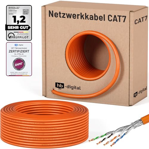 hb-digital 50m Cable de red CAT.7 Cable de instalación LAN AWG 23 Cobre puro S/FTP PiMF LSZH Cable de instalación Ethernet que cumple con RoHS Cable de datos PoE 10Gbit/s máx. 1000MHz Naranja