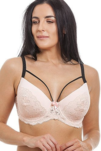Camille Womens Rose Pink Underwired Moulded Cup Bra with Black Straps 34D
