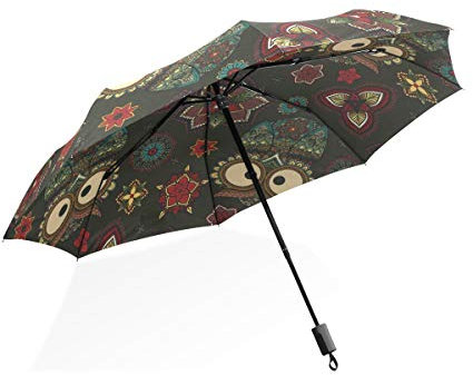 ISAOA Automatischer Reise-Regenschirm, kompakt, faltbar, Eule, winddicht, ultraleicht, UV-Schutz, Regenschirm für Damen und Herren, Schwarz , Medium