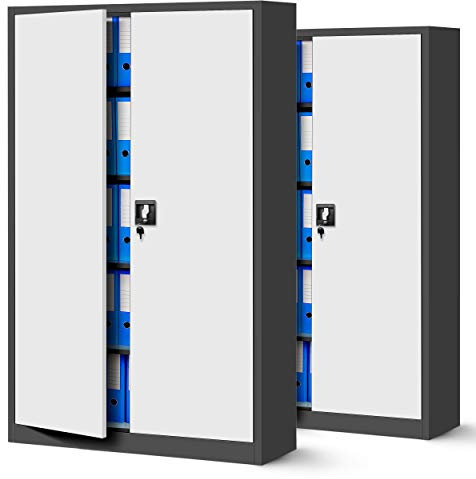 Jan Nowak 2er Set Aktenschrank C001II Büroschrank Metallschrank Flügeltüren Stahlblech Pulverbeschichtung 185 cm x 115 cm x 40 cm (anthrazit/weiß)