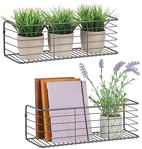 mDesign 2er-Set Wandregal für Bad, Küche, Flur oder Waschküche – breite Ablage zur Wandmontage aus Metalldraht – kompaktes Metallregal – dunkelgrau