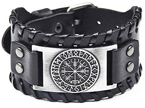 Juland Punk Braccialetto in Lega di Corda Intrecciata Braccialetto Polsino Bracciale in Vera Pelle Bracciale in Pelle da Uomo Braccialetti Pirata Polsino Largo Avvolgimento in Pelle Regolabile - Nero