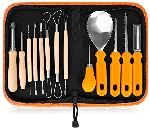 Elmchee Halloween Pumpkin Carving Tools,Jack-O-Lanterns 13 Piece Professional pumpkin cutting carving supplies tools Kit stainless steel lengthening and thickening with Handbag