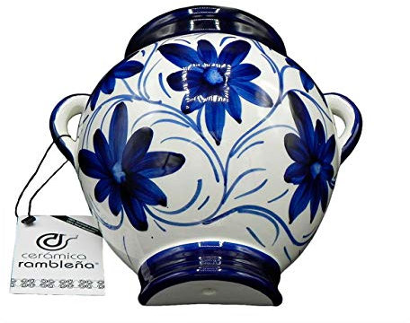 CERÁMICA RAMBLEÑA | Maceta Colgante orza | Maceta de Barro para Colgar | Maceta Pared | Azul y Blanco | 100% Decorada a Mano | 24x24x16 cm