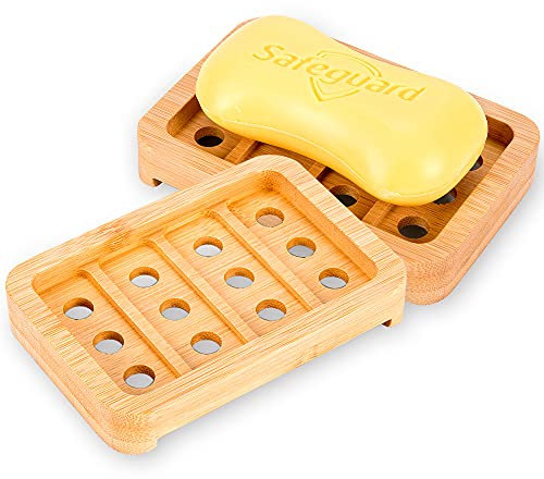 Lot de 2 porte-savon en bambou avec égouttoir, support pour savon zéro déchet | pour évier baignoire, éponge, récureur | Nature artisanale | Lot de 2