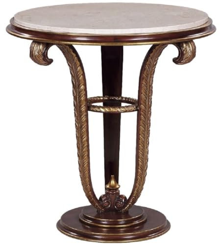 Casa Padrino Luxus Barock Beistelltisch Braun/Gold/Creme Ø 69 x H. 73 cm - Runder Mahagoni Tisch mit Marmorplatte und dekorativen handgeschnitzten Federn - Barock Wohnzimmer Möbel